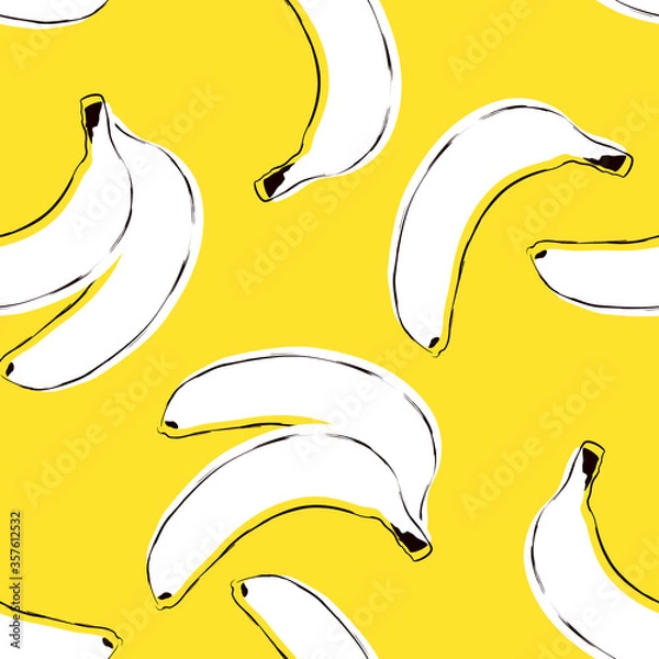 Fototapeta Seamless fruit pattern. Cute white sweet bananas and black silhouette. Cartoon sketch. Great for postcards, stickers, fabric and textile. Yellow isolated background, vector illustration, print.
