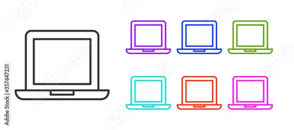 Fototapeta Black line Laptop icon isolated on white background. Computer notebook with empty screen sign. Set icons colorful. Vector Illustration.