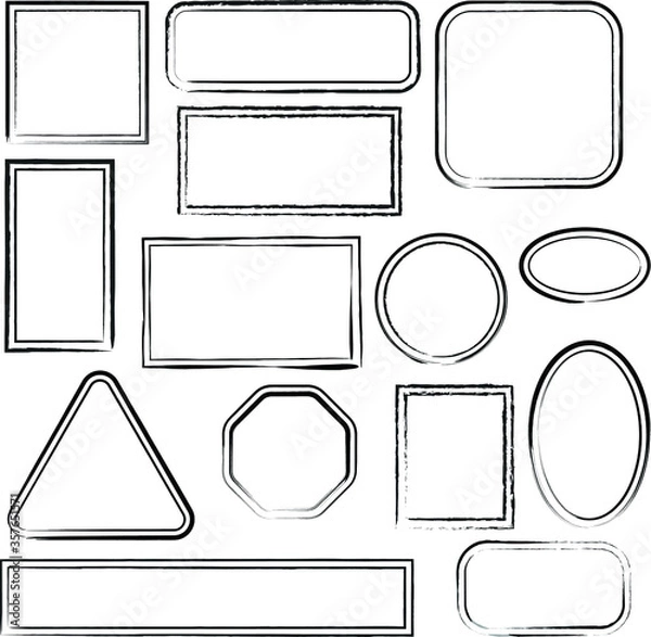 Fototapeta Set of white different grunge post stamps. Vector distress texture. Trendy design element for frame, logos, icons, labels and badges. Monochrome shapes