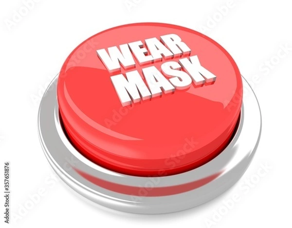 Fototapeta WEAR MASK on red push button. 3D illustration. Isolated background.