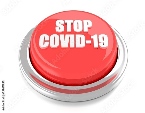 Fototapeta STOP COVID-19 on red push button. 3D illustration. Isolated background.