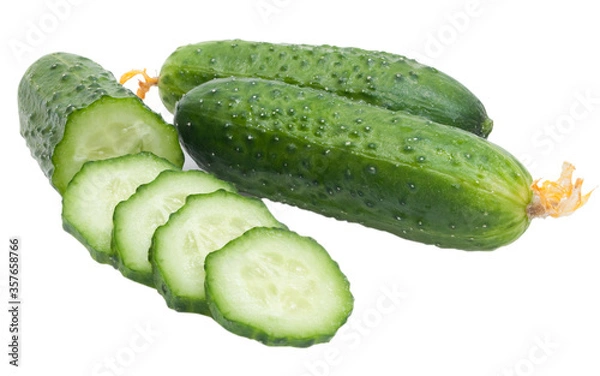 Fototapeta sliced and whole fresh cucumbers isilated on white background