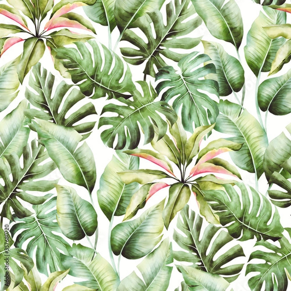 Fototapeta Watercolor seamless pattern with palm leaves