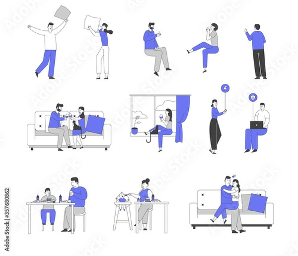 Fototapeta Set of Male and Female Characters Fighting on Pillows, Drinking Tea and Wine, Dating at Hime. Men and Women Family Relation or Communication. Parents and Kids Eating. Linear People Vector Illustration
