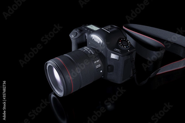 Obraz Professional digital camera with a zoom lens and a leather strap on a black background with copy space. View from above. Realistic 3d render. Place for advertising text. Reflection at bottom