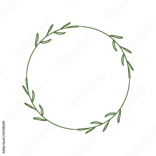 Fototapeta Simple round wreath with contour branches. Border of green leaves. Decorative design element. Doodle frame for logo, invitation, farm house. 
Vector illustration isolated on white background