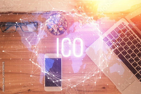 Fototapeta Double exposure of blockchain theme hologram over table with phone. Top view. Crypto technology concept.