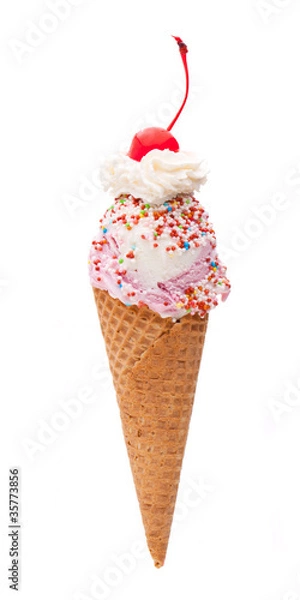 Obraz Eistüte mit Sahne, Kirsche und Zuckerperlen