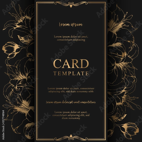 Fototapeta Vector floral elegant card with hand drawn gold lilies and leaves isolated on black background. Botanical design template for wedding invitation, brochure, card, cover