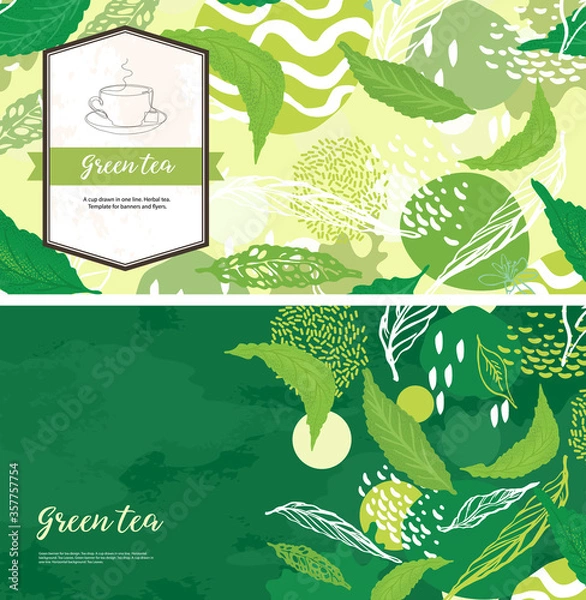 Obraz Green banner for tea design. Tea shop. A cup drawn in one line.