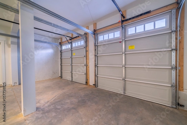 Fototapeta Inside an empty closed garage interior door