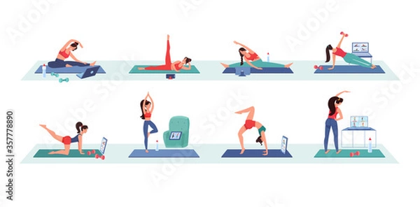 Fototapeta The girls goes in for sports at home via video conference. Workouts online, using gadgets mobile, laptop, tablet. The women does gymnastics, yoga, training with fitness coach. Isolated flat vector set