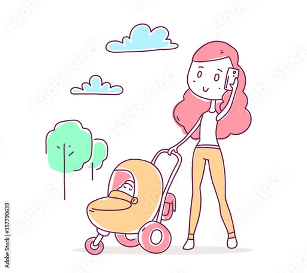 Obraz Vector illustration of beautiful happy girl in pants walking with baby in a stroller and talking on the phone.
