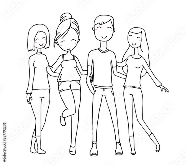 Obraz Vector illustration of happy hugging posing boy and cute girls on white background.