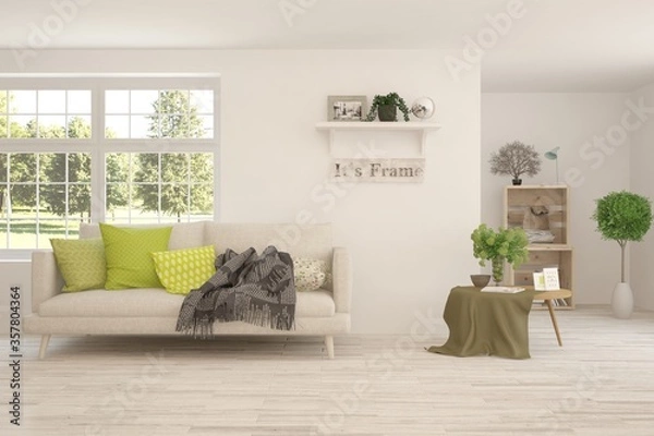 Obraz White living room with sofa and summer landscape in window. Scandinavian interior design. 3D illustration
