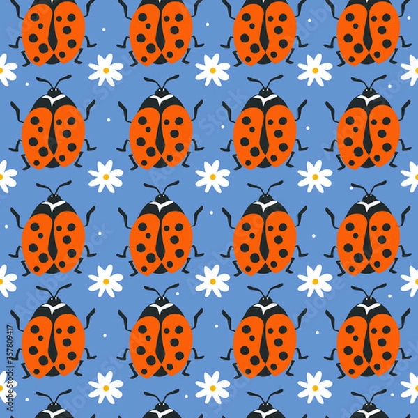 Obraz Seamless pattern, ladybugs and flowers, hand drawn overlapping backdrop. Colorful background vector. Cute illustration, insects. Decorative wallpaper, good for printing