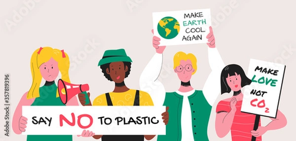Fototapeta Young activists gathered at a demonstration with ecological posters for drawing attention to environmental issues