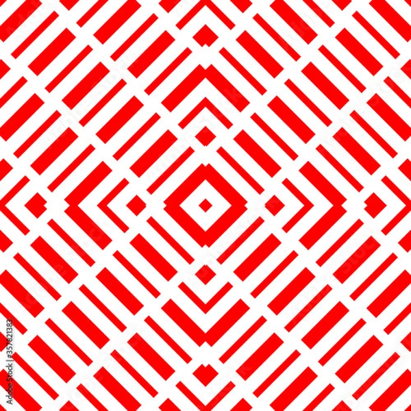 Fototapeta Repeated red geometric figures on white background. Seamless surface pattern design with symmetrical rectangles and rhombuses ornament. Polygons wallpaper. Diagonal dashed lines motif. Digital paper