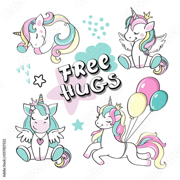Fototapeta Collection of cute unicorns and the inscription free hugs on a white background for children