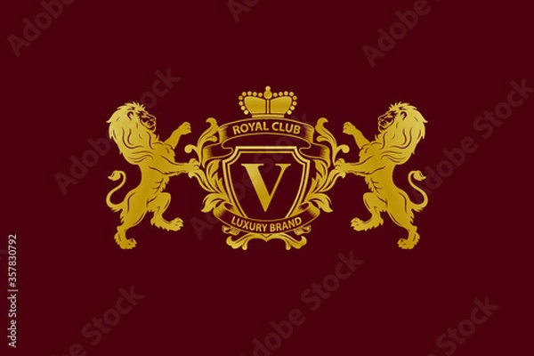 Fototapeta Lion Logo with V Letter in Royal Shield Vector Logo 