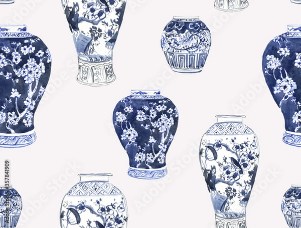 Fototapeta Watercolor cobalt blue vases, Vases in the Chinese style 