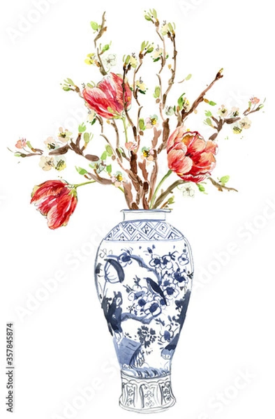 Obraz Watercolor vase with Tulips, Cobalt blue vase with flowers
