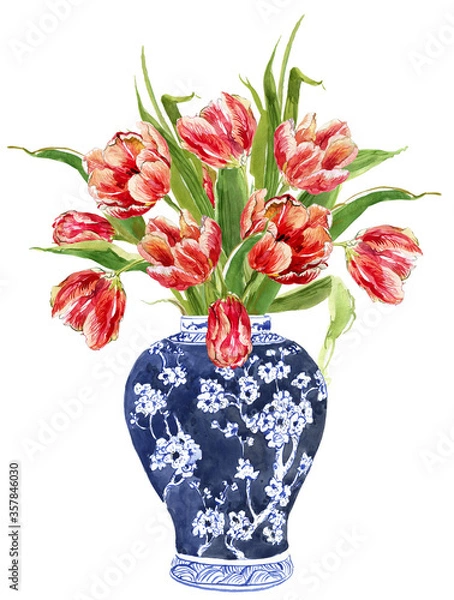 Obraz Watercolor vase with Tulips, Cobalt blue vase with flowers