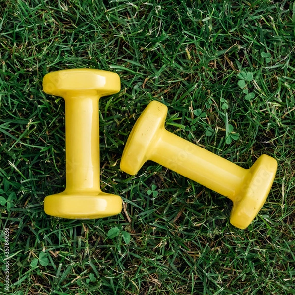 Fototapeta Set of two yellow dumbbells on a green grass background, top view. Staying in shape. Fitness and shape. Female exercise gear. Сoncept of outdoor fitness, nobody. Digital detox.