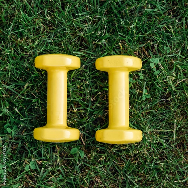 Fototapeta Set of two yellow dumbbells on a green grass background, top view. Staying in shape. Fitness and shape. Female exercise gear. Сoncept of outdoor fitness, nobody. Digital detox.