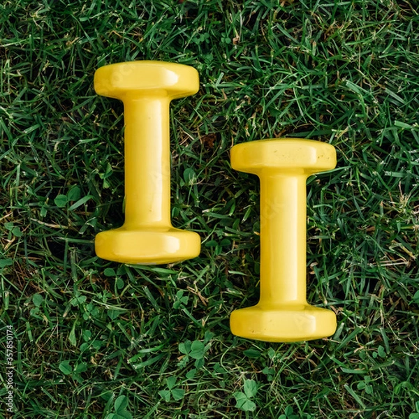 Fototapeta Set of two yellow dumbbells on a green grass background, top view. Staying in shape. Fitness and shape. Female exercise gear. Сoncept of outdoor fitness, nobody. Digital detox.
