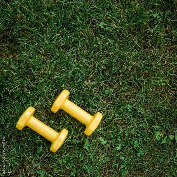 Fototapeta Set of two yellow dumbbells on a green grass background, top view. Staying in shape. Fitness and shape. Female exercise gear. Сoncept of outdoor fitness, nobody. Digital detox.