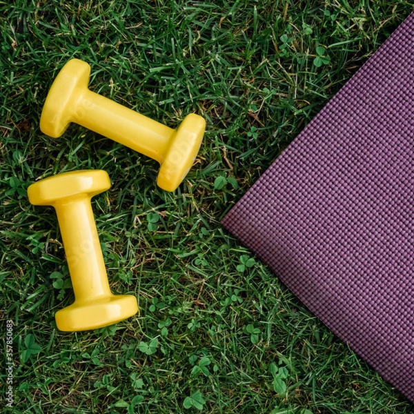 Fototapeta Set of two  yellow dumbbells and purple rubber Mat on a green grass background, top view. Staying in shape. Fitness and shape. Female exercise gear. Сoncept of outdoor fitness, nobody. Digital detox.