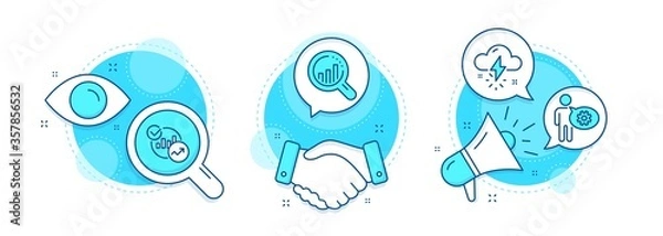 Fototapeta Cogwheel, Statistics and Thunderstorm weather line icons set. Handshake deal, research and promotion complex icons. Seo analysis sign. Engineering tool, Report charts, Thunder bolt. Vector
