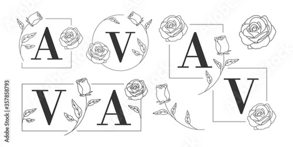 Fototapeta Vector abstract logo design templates in trendy linear minimal style - rose flower - symbols for cosmetics, beauty and handmade products, tattoo studios