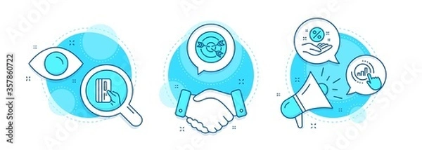 Fototapeta Graph chart, Targeting and Loan percent line icons set. Handshake deal, research and promotion complex icons. Payment card sign. Get report, Target with arrows, Discount hand. Credit card. Vector
