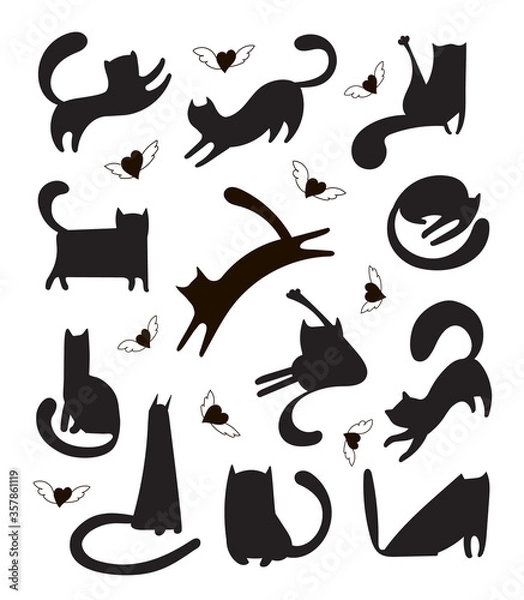 Fototapeta Trendy vector set of freehand drawn cat shapes for print, textile, t-shirts, cards, stickers, posters. Illustration of black and white kittens who sleep, play, run and hearts with wings.