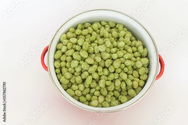 Fototapeta Top view mulberries in pot on white background. horizontal