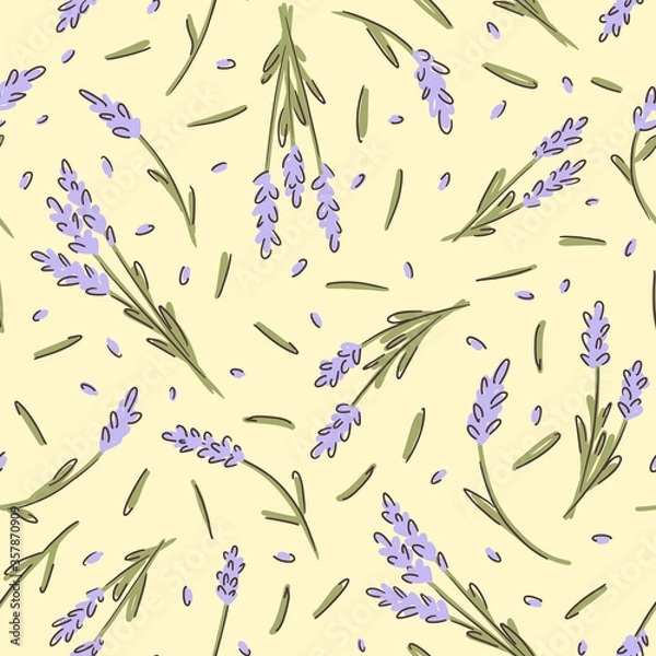 Fototapeta Lavender flower seamless childish pattern on yellow background. Texture for - fabric, wrapping, textile, wallpaper, apparel. 