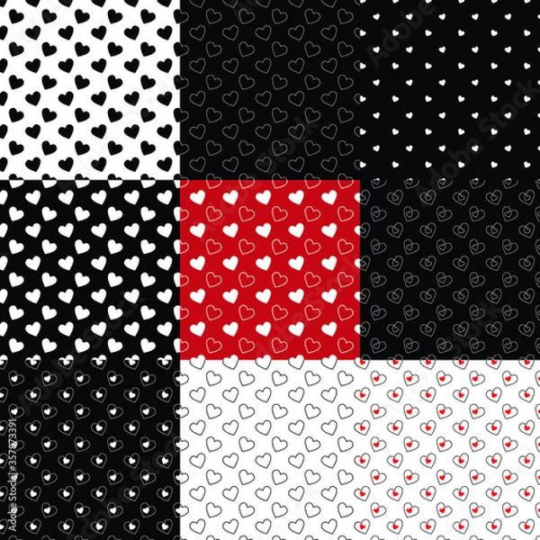 Fototapeta 9 Simple hearts seamless vector patterns set. Valentines OR chirstmas day background. Flat design endless chaotic texture made of tiny heartVector illustration for holiday design.