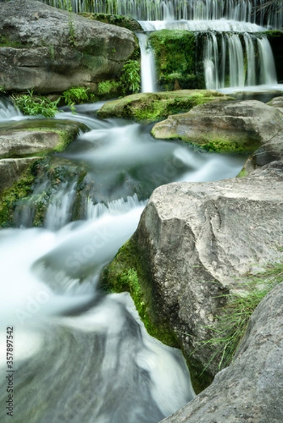 Fototapeta Arroyo de agua con cataratas entre rocas y musgo.