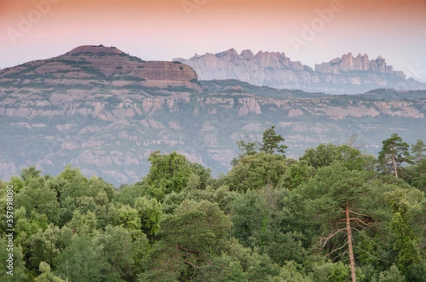 Fototapeta Vista de los parques naturales de Sant Llorenç del Munt y la Montaña de Montserrat con un bosque en primer termino (Cataluña, España).