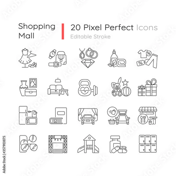 Fototapeta Shopping mall categories pixel perfect linear icons set. Bookstore, toys shop. Fashion boutique. Customizable thin line contour symbols. Isolated vector outline illustrations. Editable stroke