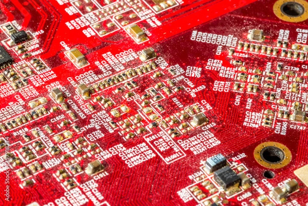 Obraz Red printed curcuit board PCB for computer components with electronic elements