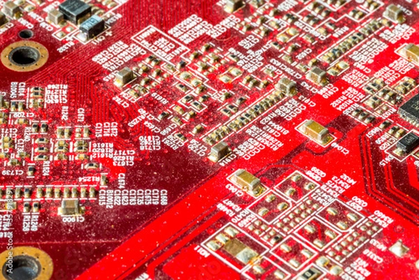 Obraz Red printed curcuit board PCB for computer components with electronic elements