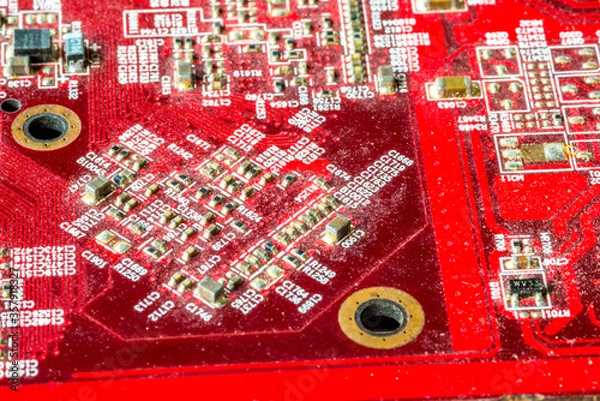 Obraz Red printed curcuit board PCB for computer components with electronic elements