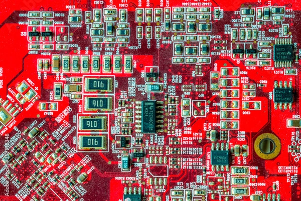 Obraz Red printed curcuit board PCB for computer components with electronic elements
