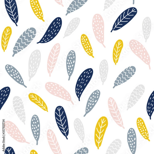 Obraz Pattern with bird's feathers. Hand-drawn stylized simple flat pattern on the white background. Vector illustration