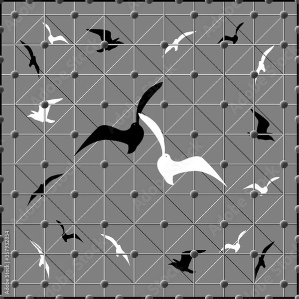 Obraz Stylized Pattern of Black and White Birds On the Background of Gratings and Balls. Background for Design Solutions