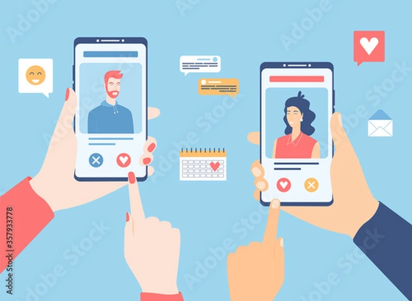 Obraz Online dating application concept. Hands with smartphone. Vector illustration. 