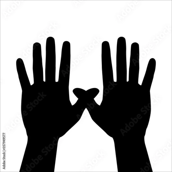 Fototapeta Two hand palm silhouette, secret symbol, open fingers crossed thumbs. Isolated illustration. Two overlapped human hands in hiding gesture. Black and white silhouette.
